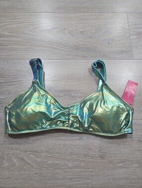 Xhilaration Bikini Top Metallic Shiny Green Oil Slick Look Juniors Large New NWT